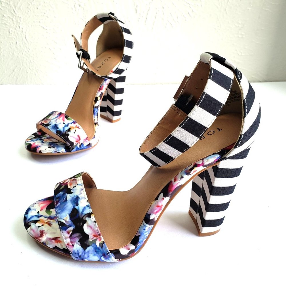 Torrid Multi Print Heeled Sandal Size 7 Wide Fit Stripe Floral High Heel Shoes